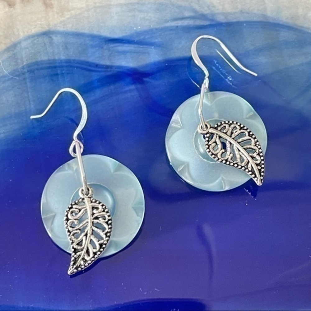 $10 SALE Handmade Pastel Leaf Button Earrings 1.5” Seafoam Blue Green Repurposed